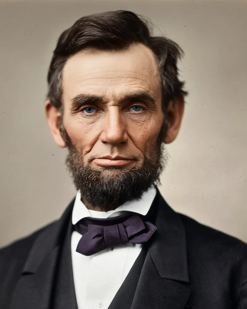 Abraham Lincoln mit Vollbart, dunklem Rock und breiter Schleife, nach einem Foto von Alexander Gardner aus dem Jahr 1863 koloriert