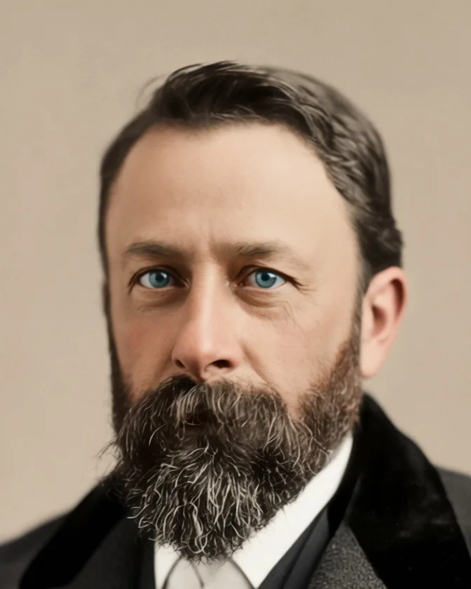 Albert Bierstadt mit Vollbart und dunklem Mantel, nach einem Foto von etwa 1870 koloriert