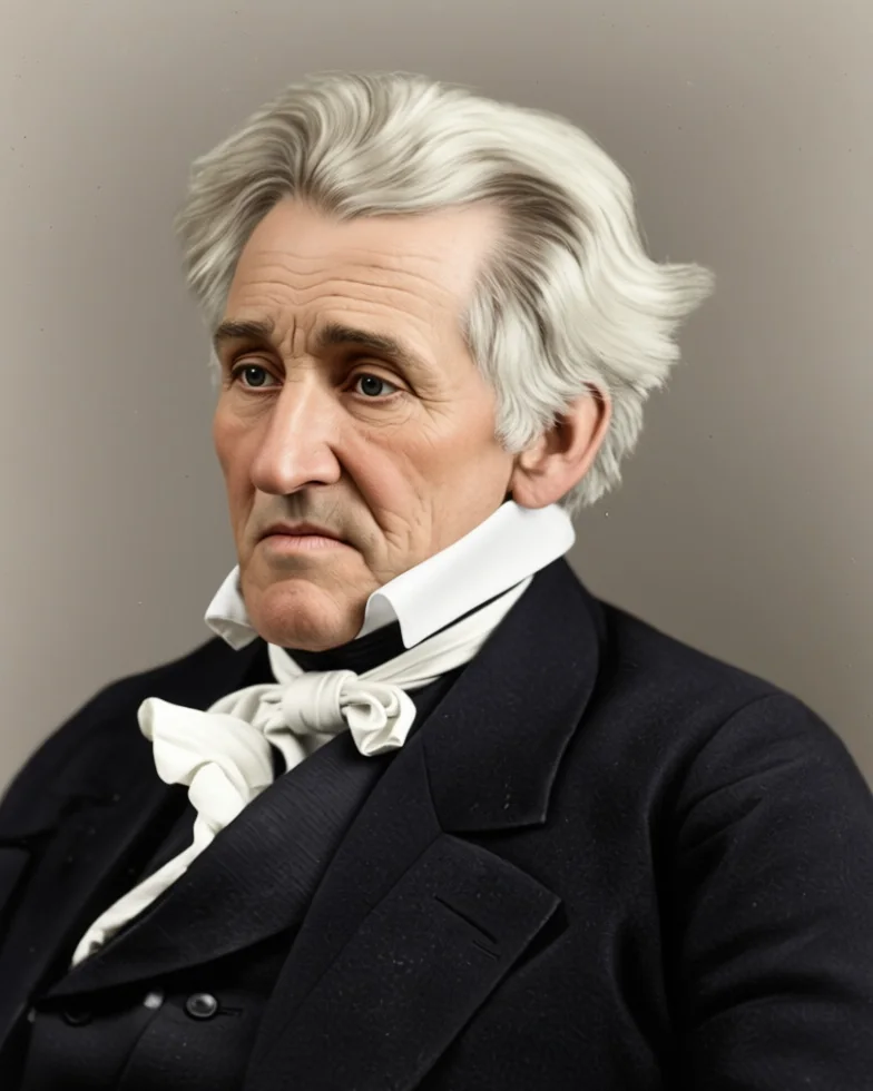 Andrew Jackson im Alter mit weißem Haar und hellem Halstuch, nach einem Foto von etwa 1845 koloriert