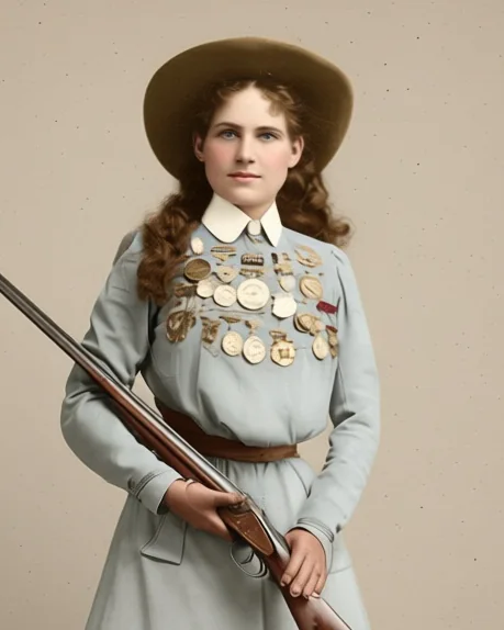 Annie Oakley in hellem Kleid mit Hut und vielen Medaillen, das Gewehr schräg vor dem Körper, nach einem Foto von 1899 koloriert