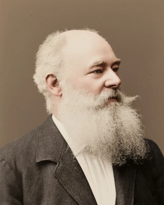 Balduin Möllhausen im Alter, im Profil nach rechts, mit langem weißem Vollbart, nach einem Foto von 1883 koloriert