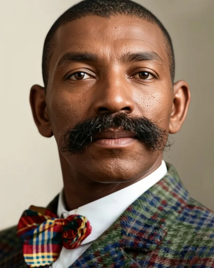 Bass Reeves mit kurzem Haar, großem Schnurrbart, kariertem Jackett und karierter Fliege, nach einem Foto aus der Zeit vor 1910 koloriert