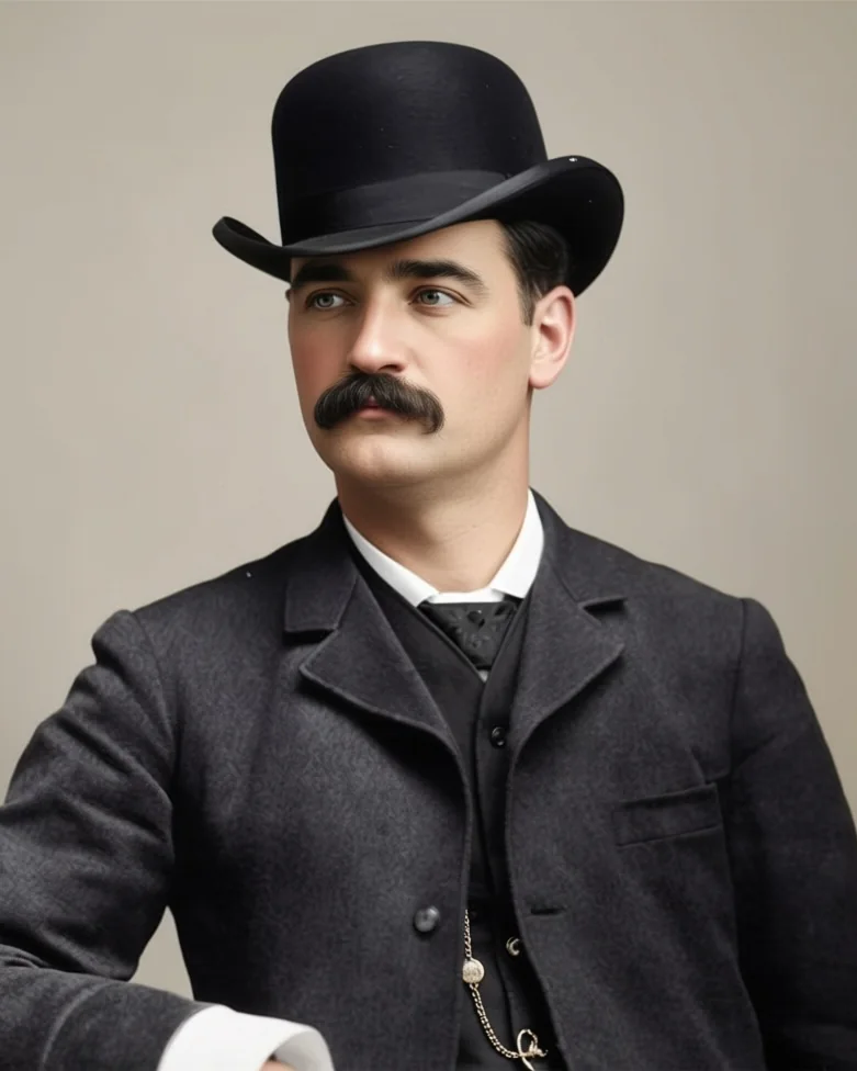 Bat Masterson mit schwarzer Melone, Schnurrbart, dunklem Anzug mit Weste und Uhrkette, nach einem Atelierfoto aus den Jahren 1880 bis 1885 koloriert