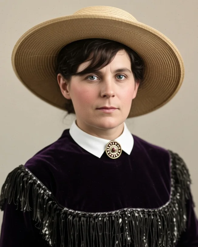 Belle Starr mit breitkrempigem Hut und dunklem Samtkleid mit Spitzenkragen, nach einem Atelierfoto aus den frühen 1880er Jahren koloriert