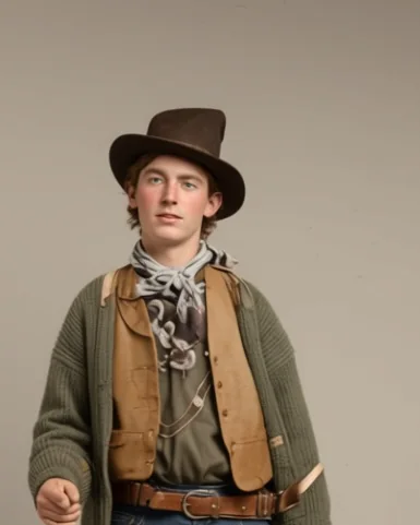 Billy the Kid als junger Mann mit Hut, Pullover und Weste, das Gewehr senkrecht neben sich, nach der Ferrotypie von 1879 oder 1880 koloriert
