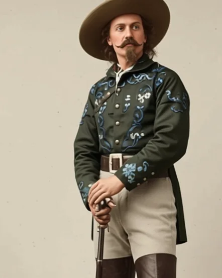 Buffalo Bill Cody mit breitkrempigem Hut, Schnurrbart und Spitzbart in bestickter Jacke, Halbporträt nach einem Foto von 1885 koloriert