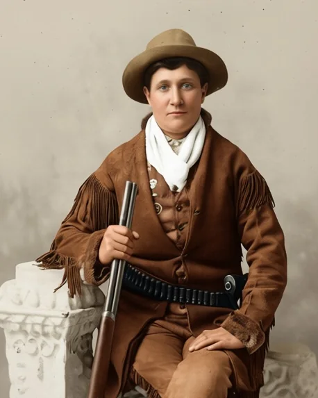 Calamity Jane in Lederkleidung mit Fransen und breitem Hut, sitzend, das Gewehr aufrecht neben sich, nach einem Foto von 1895 koloriert