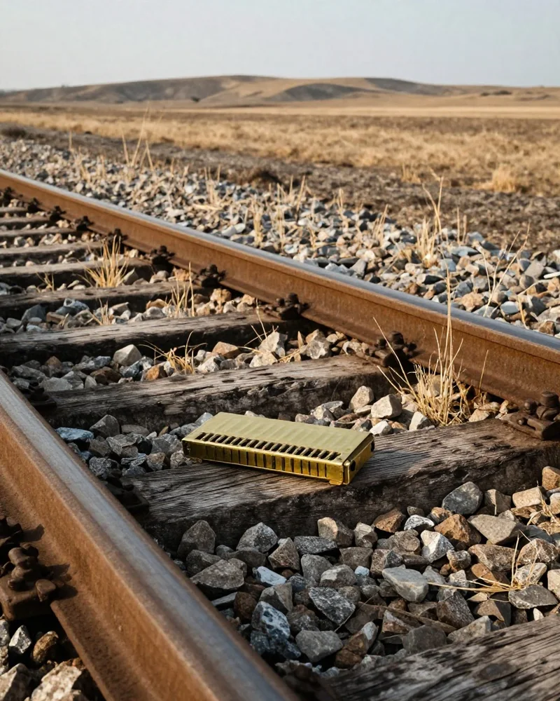 Kleine Mundharmonika aus Messing auf einer Bahnschwelle neben rostigen Schienen, dahinter eine trockene Ebene