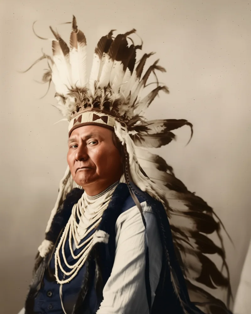 Chief Joseph im Profil mit Federhaube und vielen hellen Perlenketten, nach einem Foto von 1900 koloriert