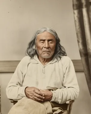 Chief Seattle als alter Mann mit langem grauem Haar, sitzend, in eine helle Decke gehüllt, nach dem Foto von 1864 koloriert