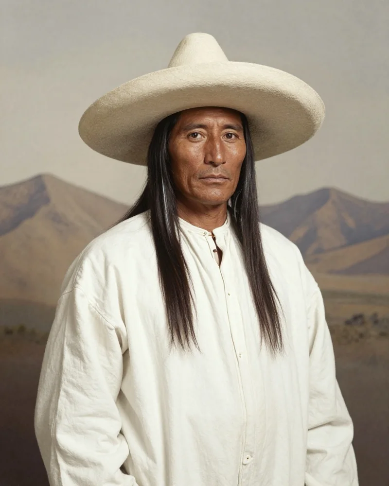 Freie KI-Darstellung von Cochise als Mann um die fünfzig mit schwarzem, leicht ergrautem Haar, schlichtem Baumwollgewand und breitem mexikanischem Sombrero vor Bergen