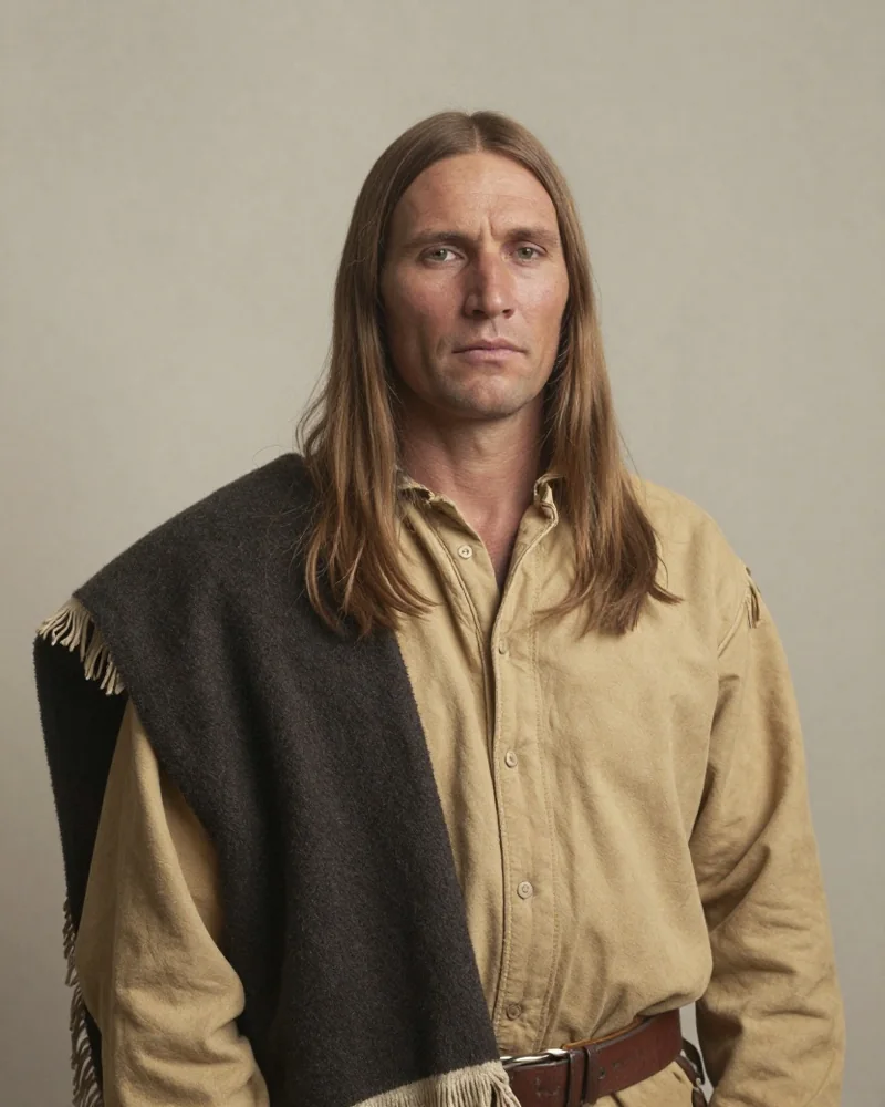 Freie KI-Darstellung von Crazy Horse als Mann von etwa 35 Jahren mit langem hellbraunem Haar, Lederhemd mit Fransen und dunkler Decke über der Schulter