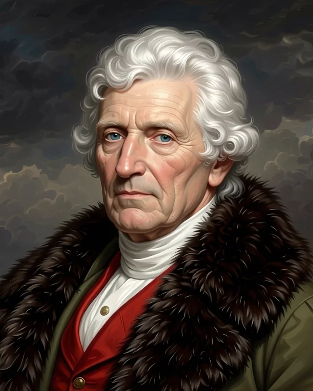 Daniel Boone im hohen Alter mit weißem Haar, Pelzkragen und roter Weste, nach einem Gemälde von Chester Harding aus dem Jahr 1820 in Farbe umgesetzt