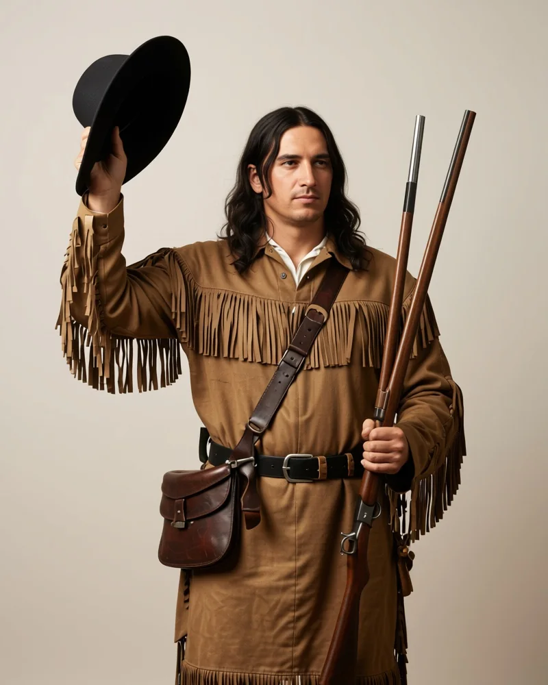 Davy Crockett mit langem dunklem Haar im Jagdhemd mit Fransen, den Hut grüßend erhoben, nach einem Stich nach John Gadsby Chapman in Farbe umgesetzt
