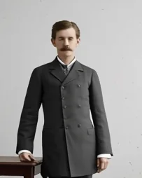 Doc Holliday als schlanker Mann mit Schnurrbart im dunklen Anzug, nach einem Foto aus Prescott koloriert