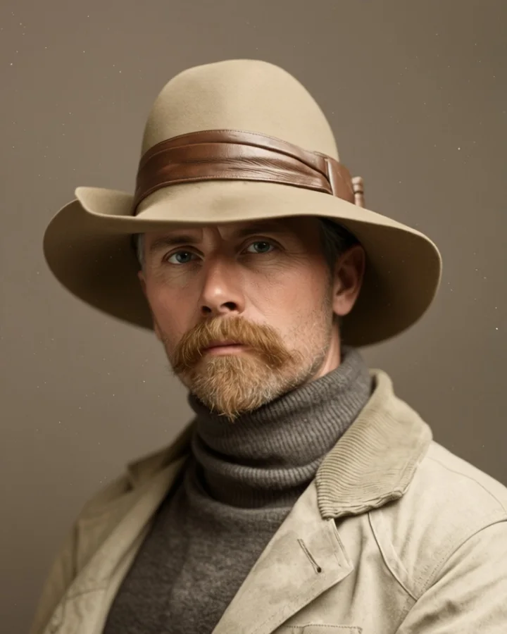 Edward S. Curtis mit breitkrempigem Hut, Schnurrbart und Kinnbart in Rollkragenpullover und heller Arbeitsjacke, nach seinem Selbstporträt von 1899 koloriert