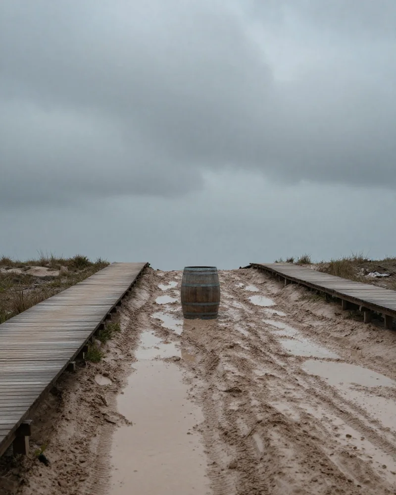 Leere schlammige Straße einer Westernstadt mit Pfützen, Holzstegen und einem einzelnen Wasserfass unter grauen Regenwolken