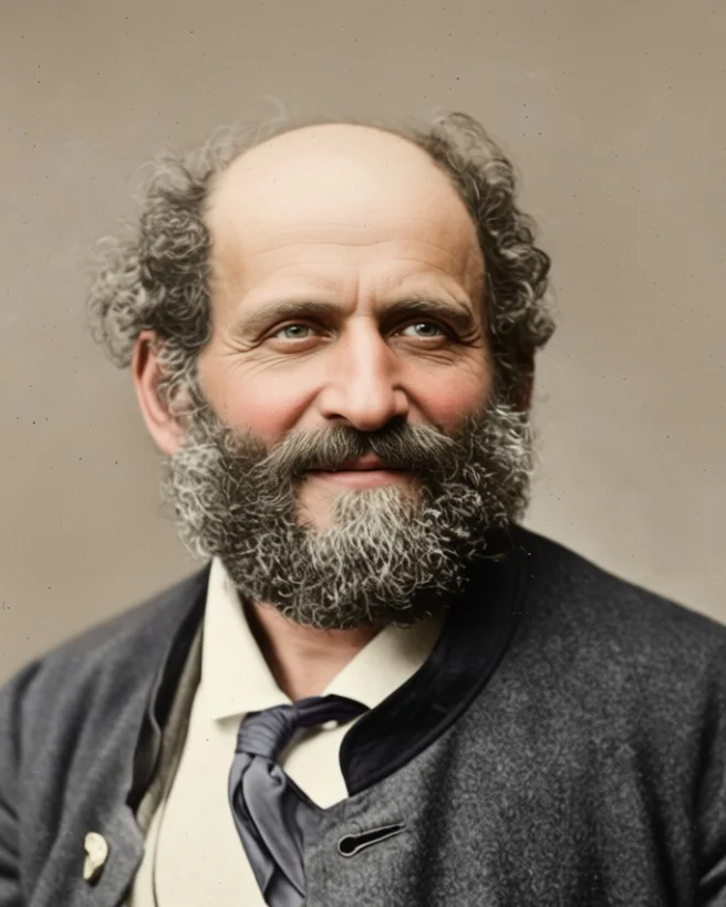 Friedrich Gerstäcker mit Halbglatze und dunklem Vollbart, in grober Jacke mit lose gebundener Krawatte, nach einem Foto von 1870 koloriert