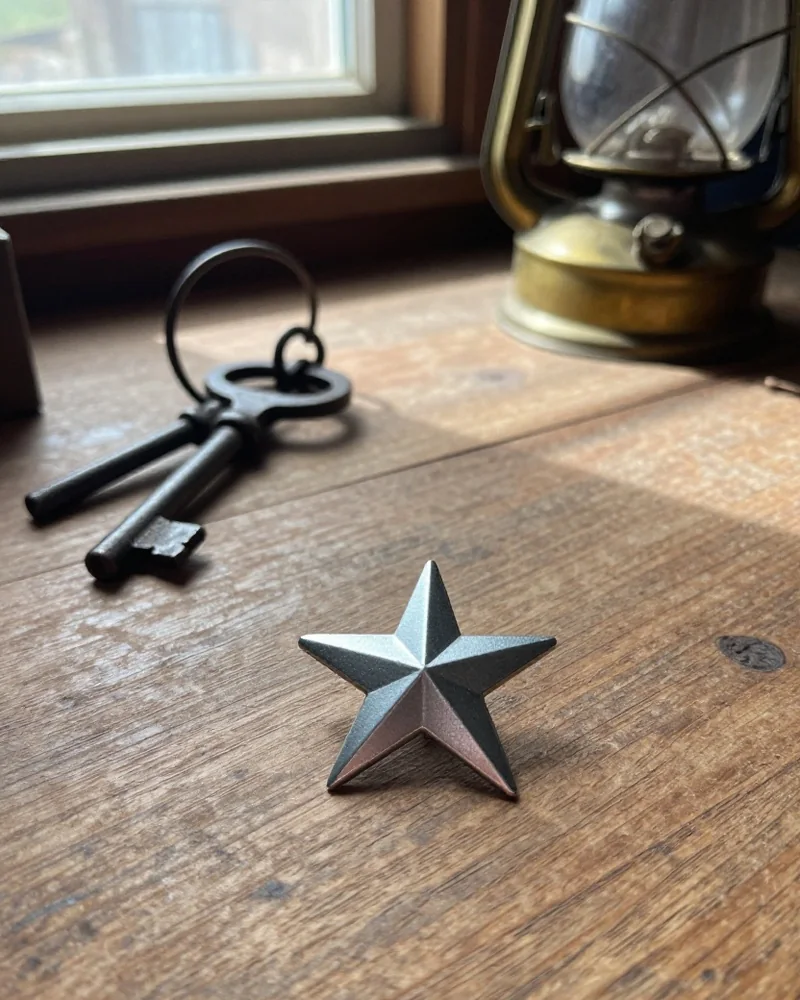 Schlichter fünfzackiger Blechstern auf einem Holztisch neben einem Ring alter Zellenschlüssel und einer Messinglampe
