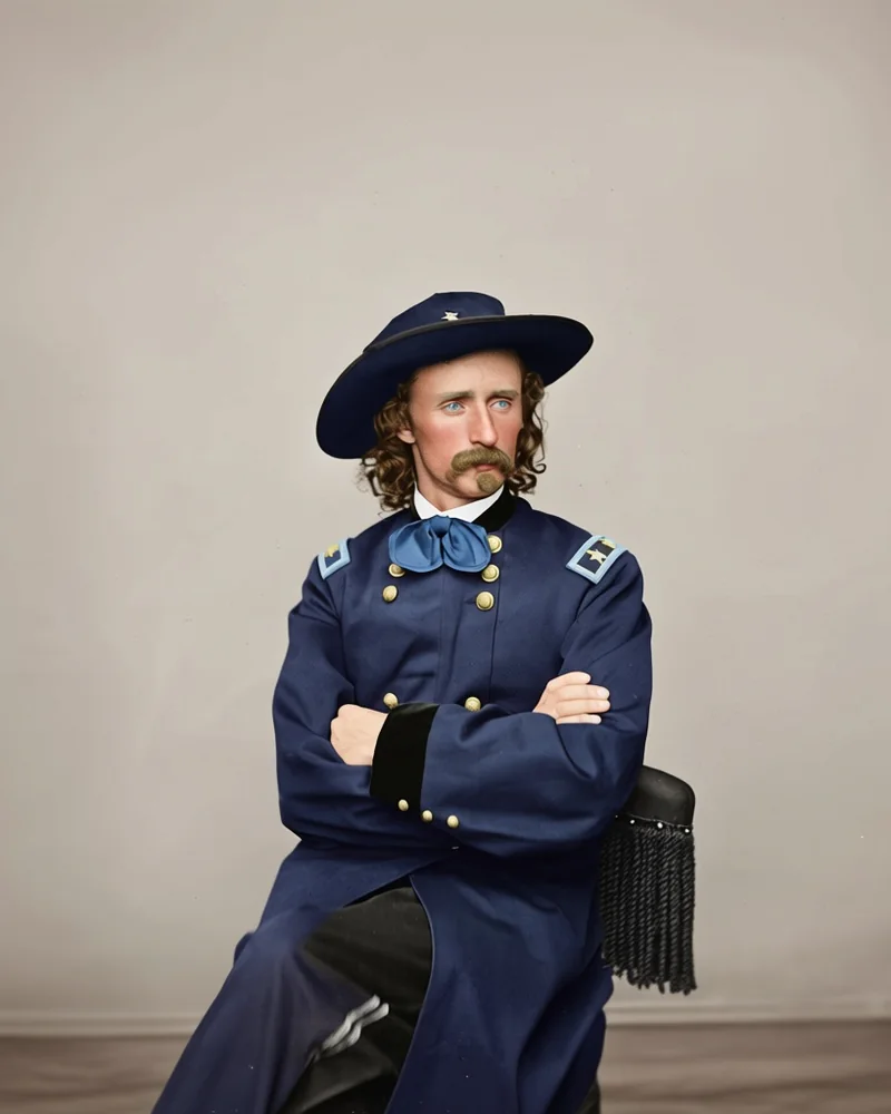 George Armstrong Custer als Offizier mit lockigem Haar, Schnurrbart und breitem Hut in dunkler Uniform, nach einem Foto von 1865 koloriert