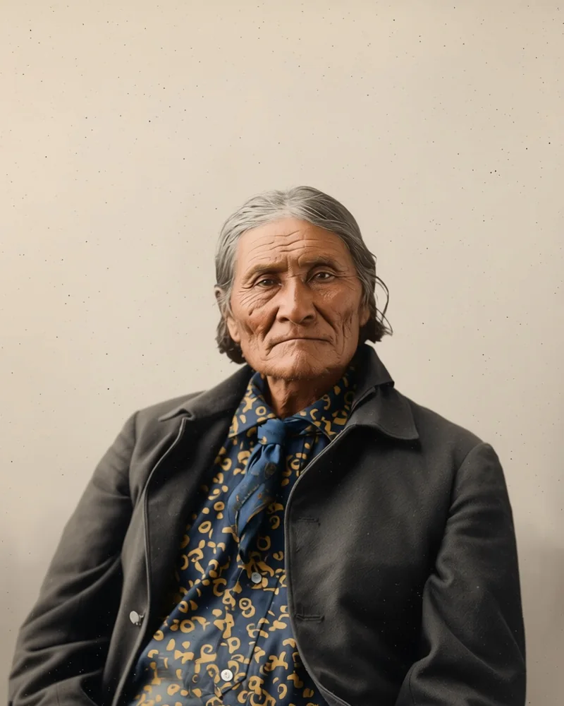 Geronimo als alter Mann mit tief gefurchtem Gesicht in dunkler Jacke über gemustertem Hemd, nach einem Foto von 1898 koloriert