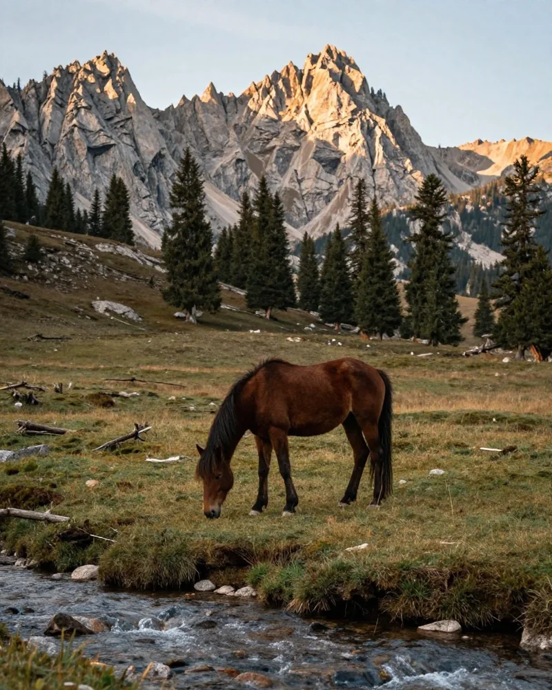 Braunes Pferd ohne Sattel auf einer Bergwiese vor Kalksteingipfeln, im Vordergrund ein Bach