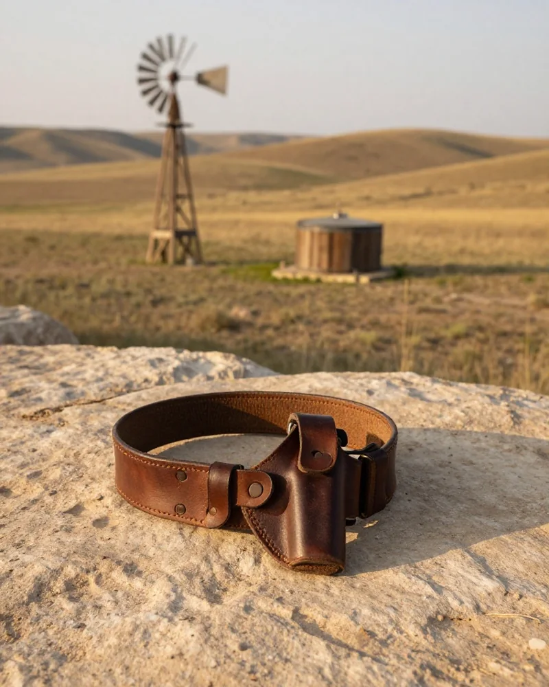 Abgetragener Revolvergurt mit leerem Holster auf einem Sandsteinsims, dahinter Prärie mit einem Windrad an einer Viehtränke