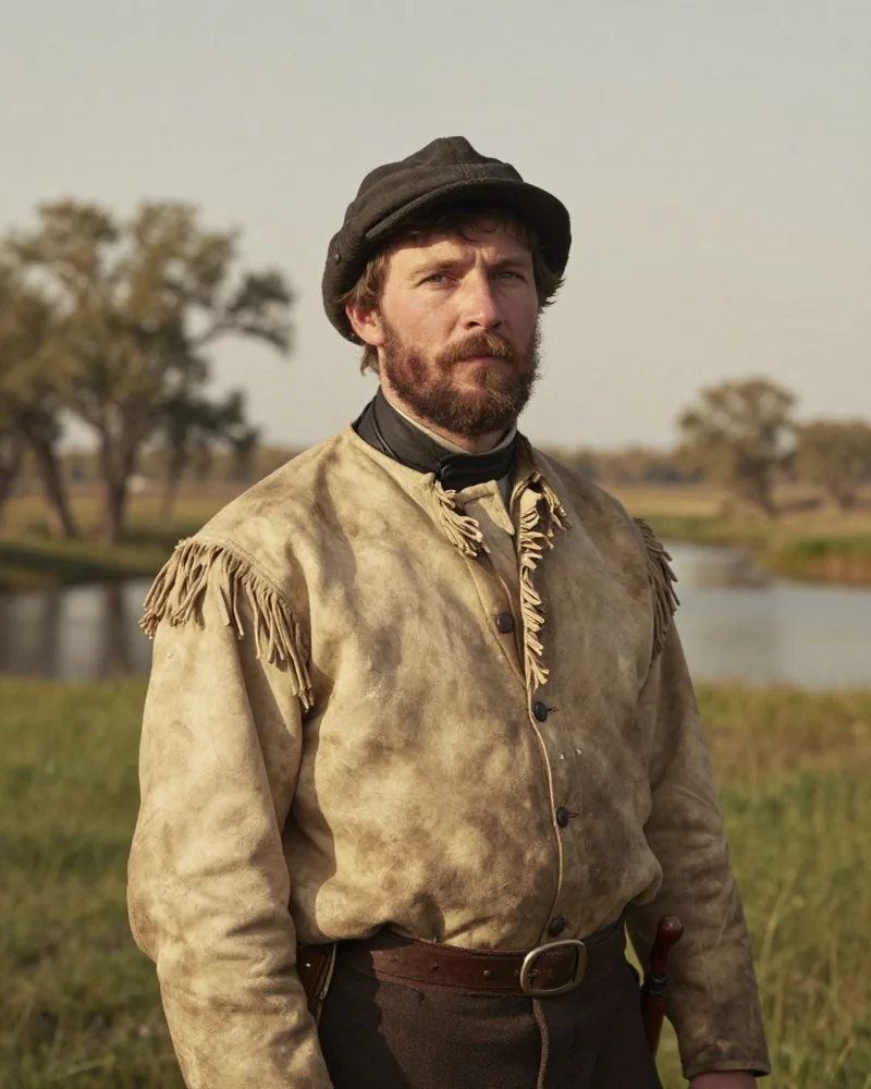 Freie KI-Darstellung von Hugh Glass als Trapper um 1825 in Hemd aus Hirschleder und Wollmütze an einem Präriefluss