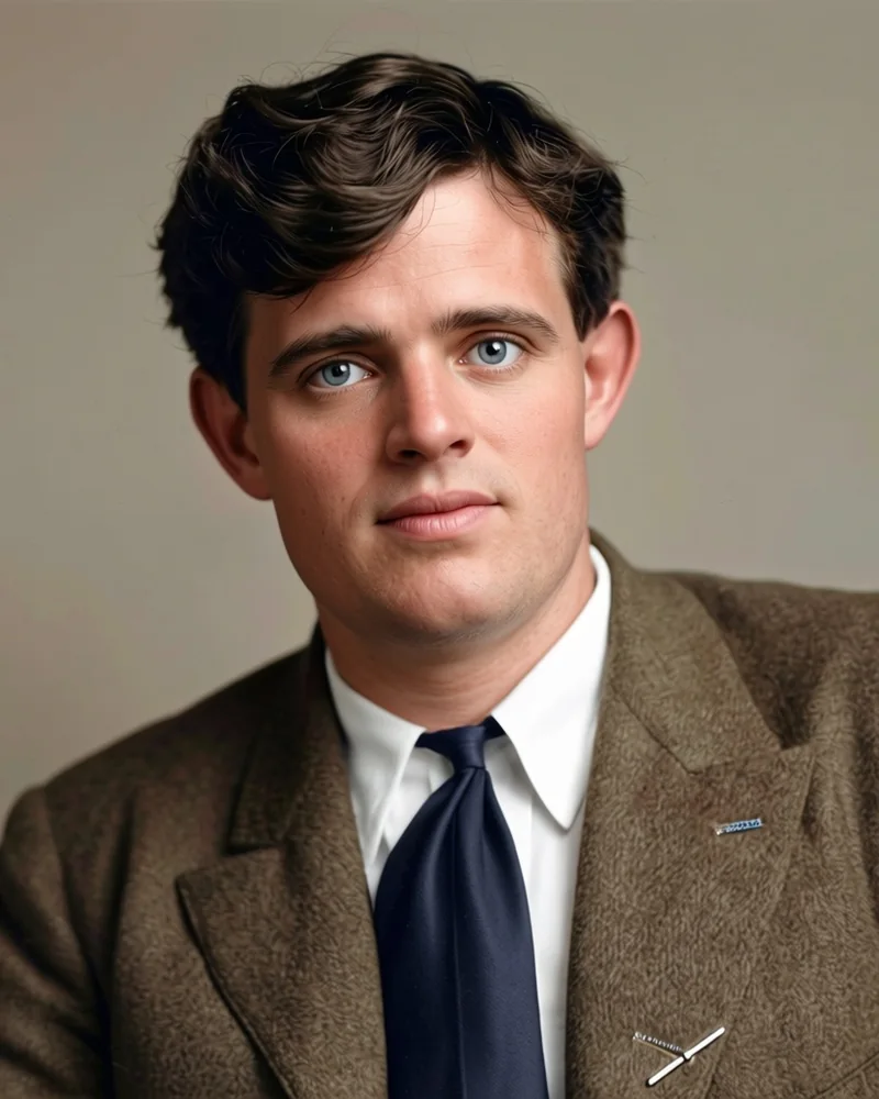 Jack London mit gewelltem dunklem Haar, weißem Hemdkragen und loser dunkler Krawatte, nach einem Foto von Arnold Genthe aus den Jahren 1906 bis 1916 koloriert