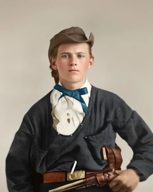 Der junge Jesse James mit Hut, Halstuch und dunklem Hemd, nach einem Foto aus den 1860er Jahren koloriert