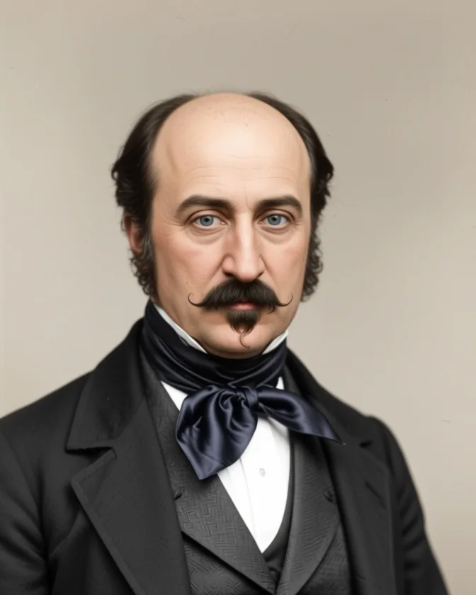 Johann August Sutter mit Halbglatze, Koteletten und Schnurrbart, dunklem Rock und Halstuch, nach einem historischen Bildnis koloriert