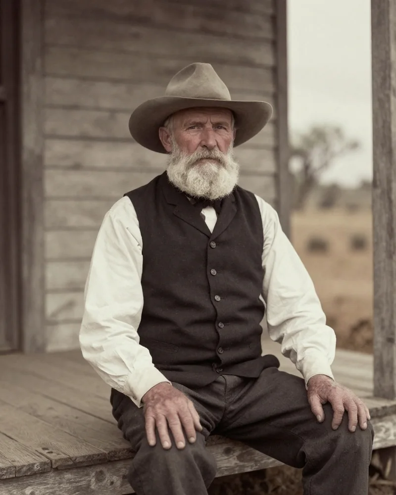 Freie KI-Darstellung von Roy Bean als älterer Mann mit weißem Bart und breitkrempigem Hut vor einem Holzhaus