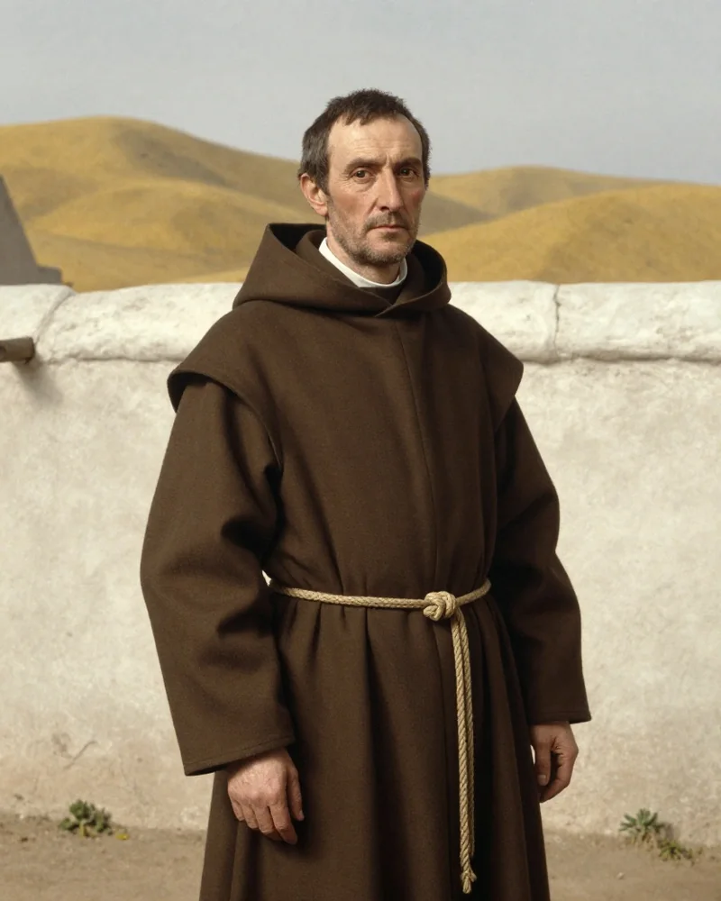 Freie KI-Darstellung von Junípero Serra als Franziskaner von etwa 60 Jahren in schlichter Kutte vor einer weißen Missionsmauer