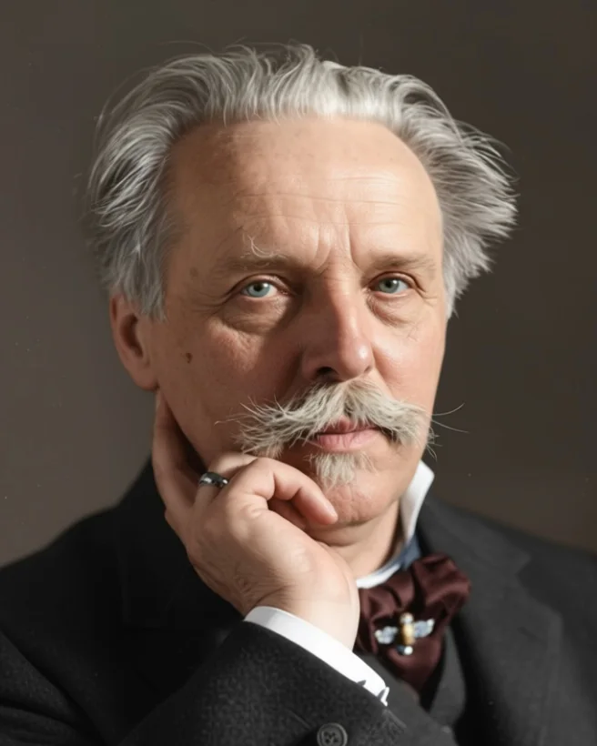 Karl May mit zurückgekämmtem grauem Haar und weißem Schnurrbart, das Kinn auf die Hand gestützt, im dunklen Anzug, nach einem Foto von Erwin Raupp aus dem Jahr 1907 koloriert