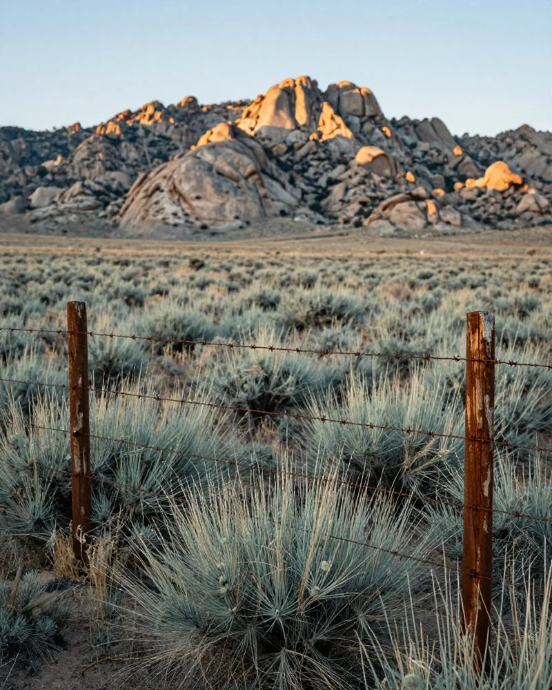 Ein einzelner rostiger Stacheldraht zwischen drei Wacholderpfosten auf einer Hochebene in New Mexico, am Horizont ein Granitgrat