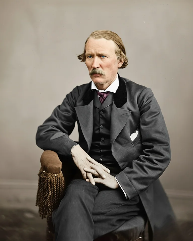 Kit Carson sitzend mit zurückgekämmtem Haar und Schnurrbart im dunklen Anzug, nach einem historischen Foto koloriert