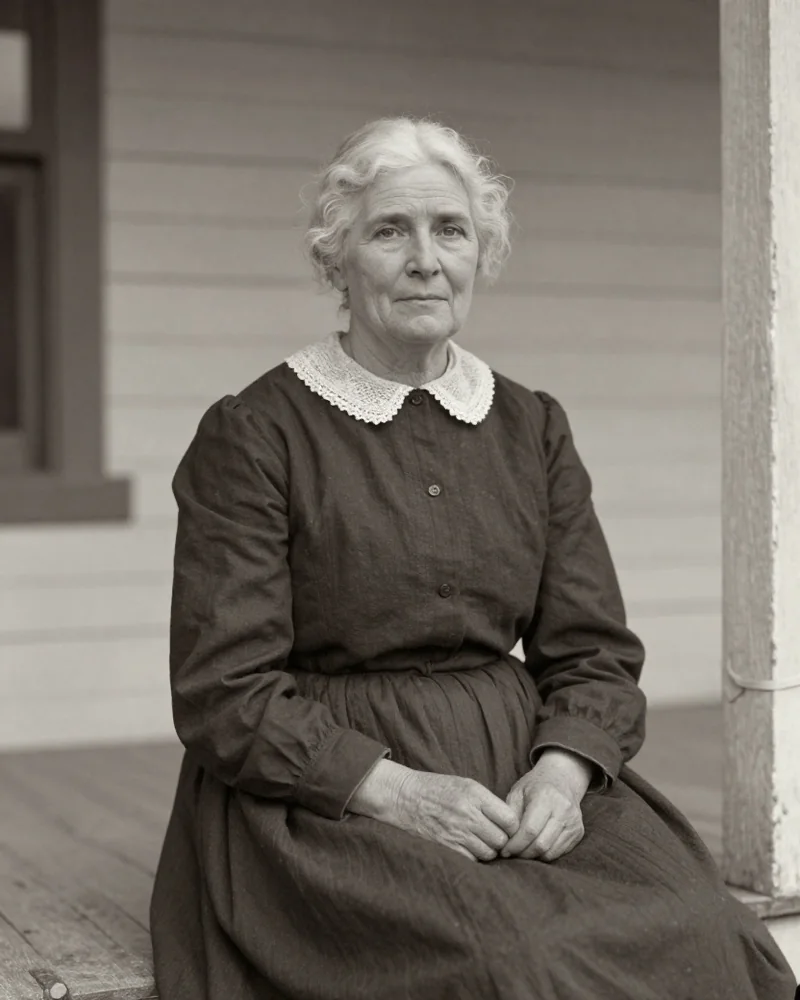 Freie KI-Darstellung von Laura Ingalls Wilder als Frau von etwa 63 Jahren in dunklem Kleid mit Spitzenkragen auf einer Veranda