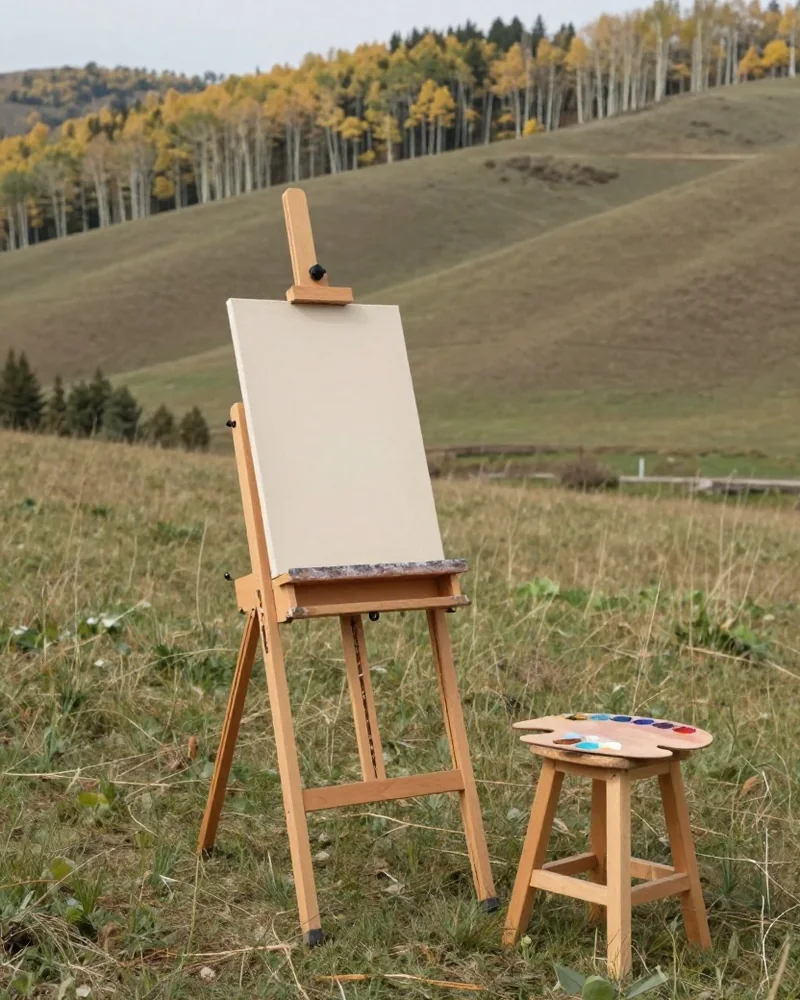 Staffelei mit leerer Leinwand und einem Hocker mit Farbpalette auf einer Wiese, dahinter sanfte Hügel mit Espenwäldchen