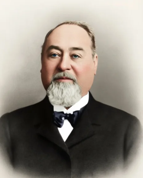 Levi Strauss im Alter mit grauem Kinnbart, Stehkragen und Fliege, nach einem Foto von etwa 1890 koloriert