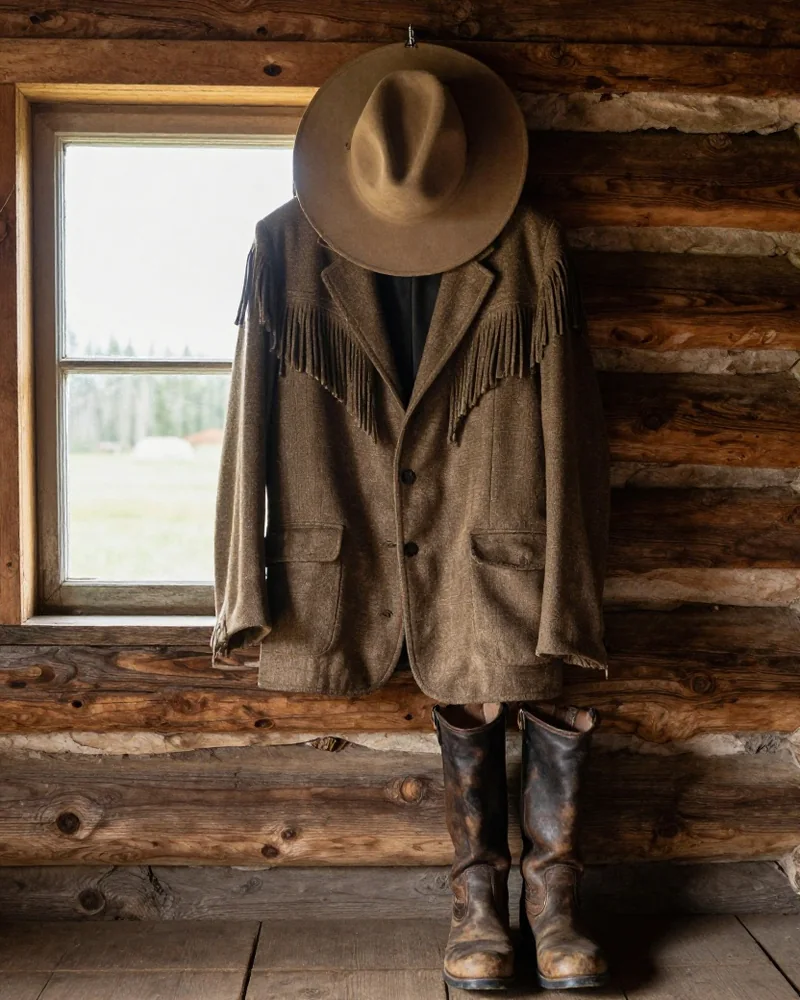 Fransenjacke aus Wildleder und breitkrempiger Filzhut an einem Holzhaken in einer Blockhütte, darunter abgetragene Reitstiefel