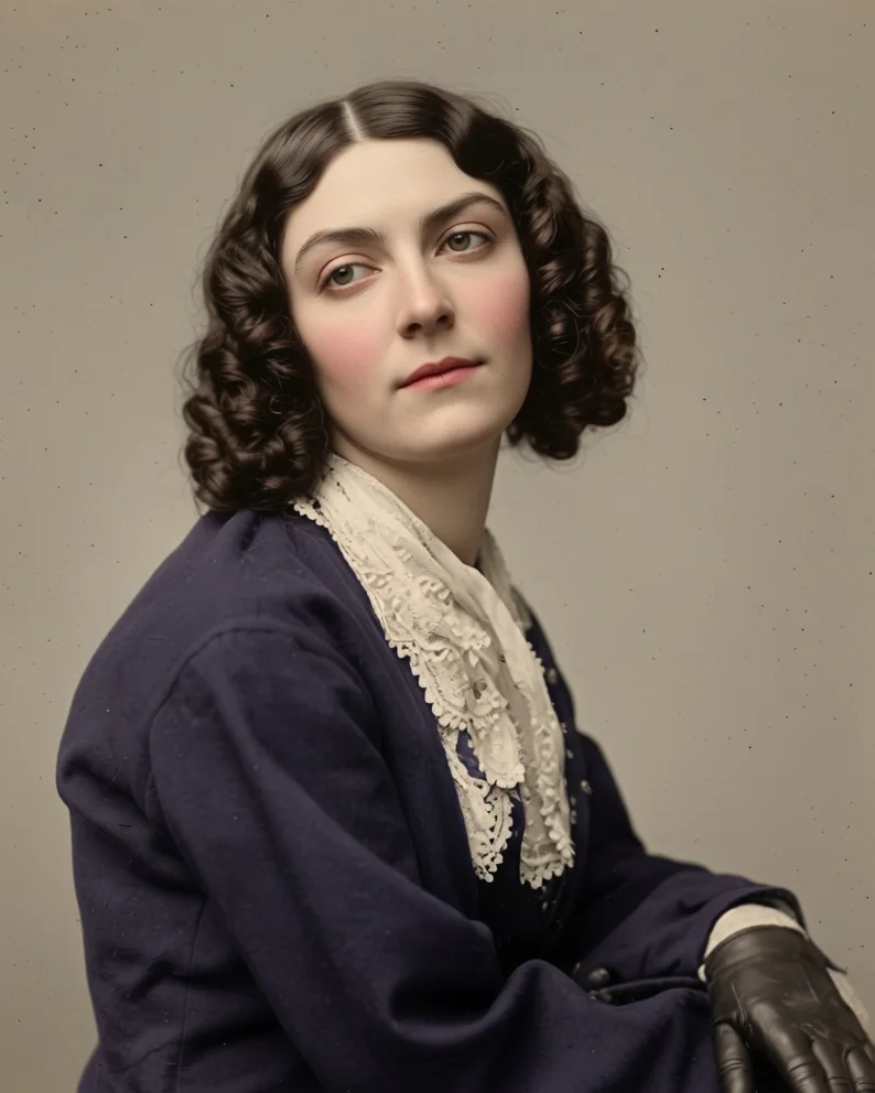 Lola Montez mit dunklen Locken und Spitzenkragen, nach einer Daguerreotypie von etwa 1850 koloriert