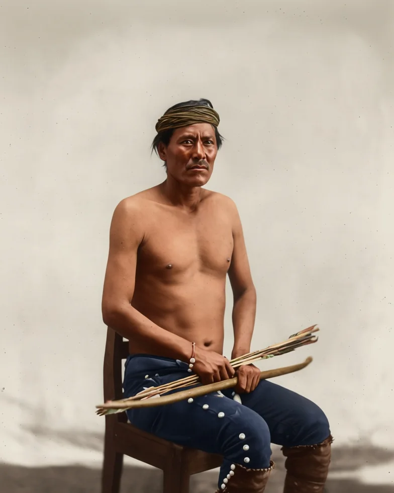 Manuelito sitzend mit Stirnband und Hose mit Silberknöpfen, ein Bündel Pfeile auf dem Schoß, nach einem historischen Foto koloriert