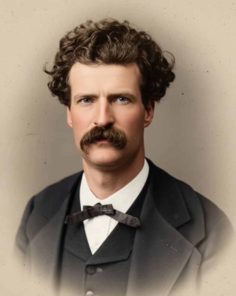 Samuel Clemens, bekannt als Mark Twain, mit lockigem Haar und Schnurrbart, nach einem Foto von 1867 koloriert
