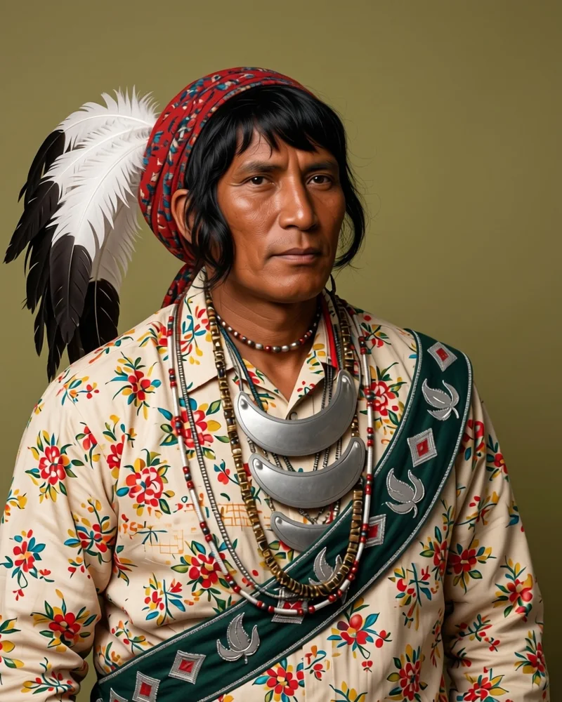 Osceola mit buntem Turban, Straußenfedern und silbernen Brustschilden, nach einem Gemälde von George Catlin aus dem Jahr 1838 in Farbe umgesetzt