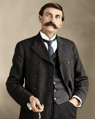 Pat Garrett mit dunklem Haar und großem Schnurrbart im gestreiften Anzug, nach einem historischen Foto koloriert
