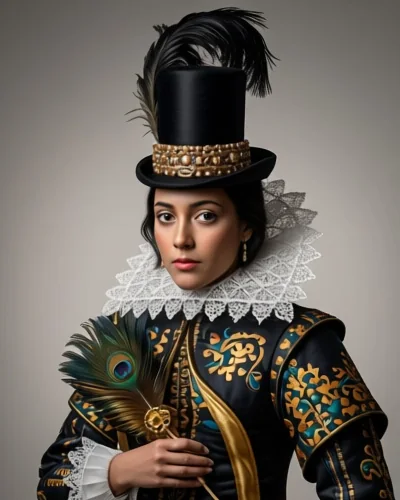 Pocahontas mit hohem Hut, weißem Spitzenkragen und bestickter Jacke, nach dem Kupferstich von Simon van de Passe in Farbe umgesetzt