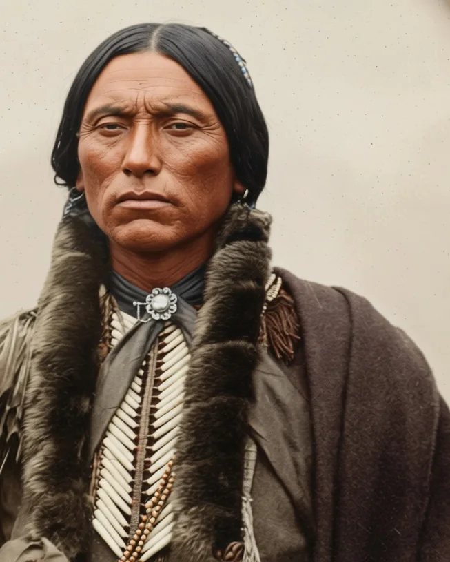Quanah Parker mit Mittelscheitel, langen fellumwickelten Zöpfen, Knochenbrustschmuck und Decke, nach einem Foto aus der Zeit vor 1911 koloriert