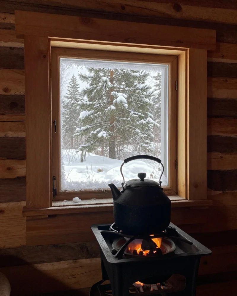Schwarzer Wasserkessel auf einem gusseisernen Ofen in einer Blockhütte, draußen vor dem Fenster verschneite Kiefern