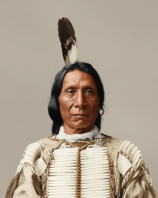 Red Cloud mit langem Haar, einer aufrechten Feder und einem Brustschmuck aus Knochenröhrchen, nach einem historischen Foto koloriert
