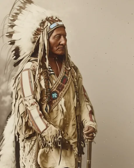 Sitting Bull mit langer Federhaube und Fransenhemd, nach einem Foto von 1885 koloriert